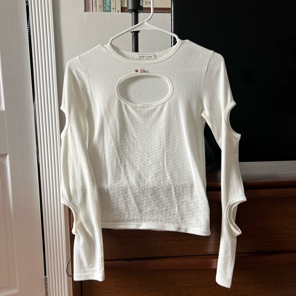 Sandy Liang White Cut-Out Long Sleeve Top